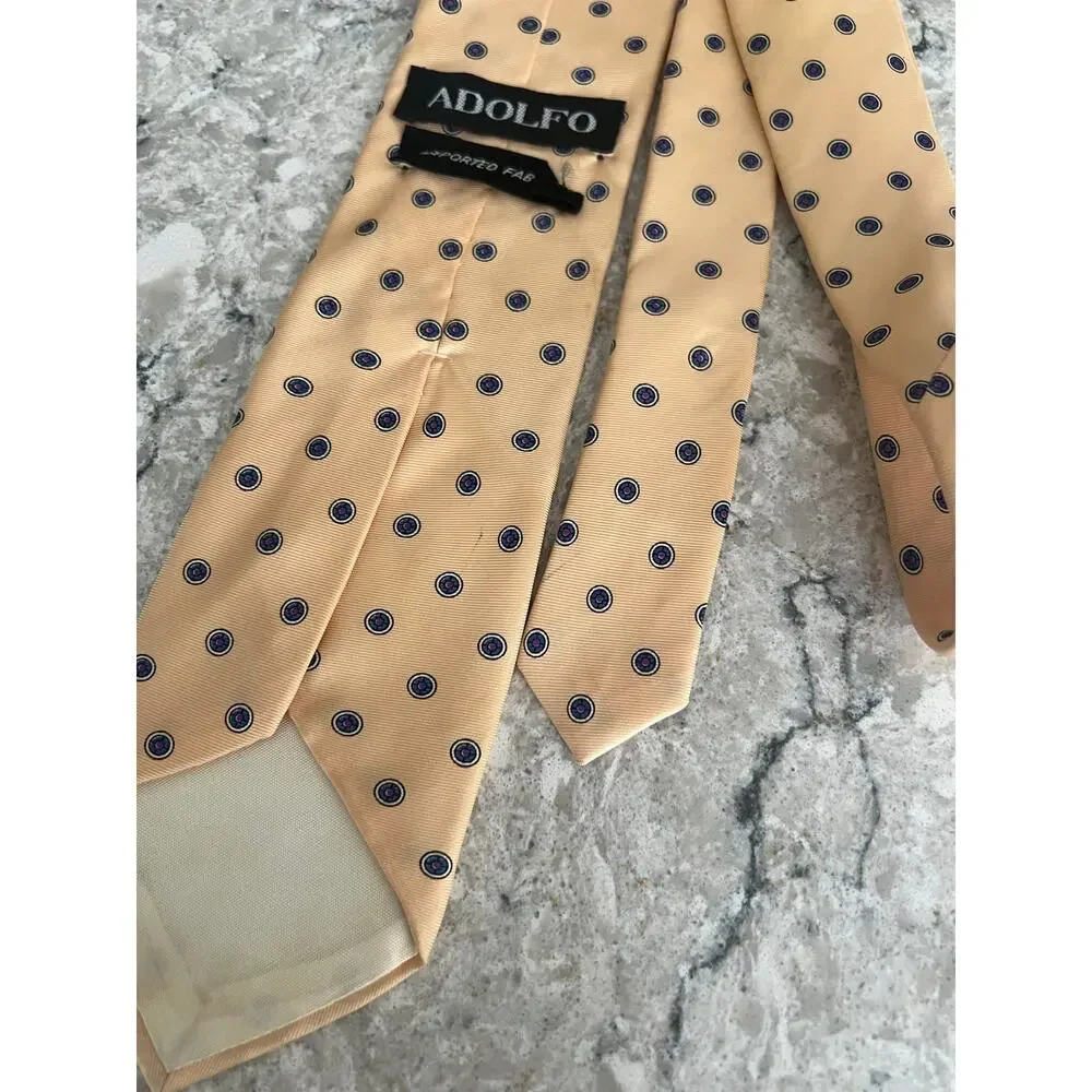 Vintage Adolfo 100% Imported Silk Men's Neck Tie Yellow w Blue Dots JL